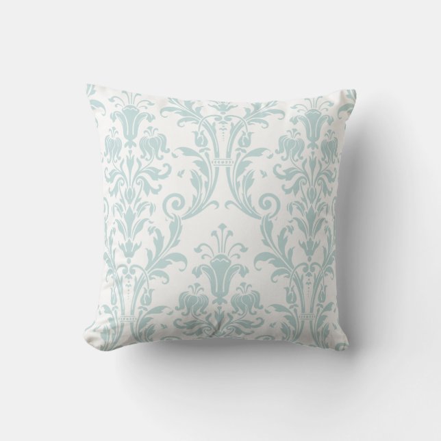 White Sea Foam Green Damask Floral Swirls Cushion (Front)