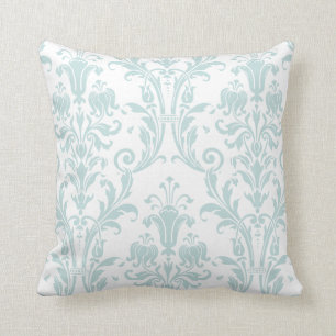 White Sea Foam Green Damask Floral Swirls Cushion
