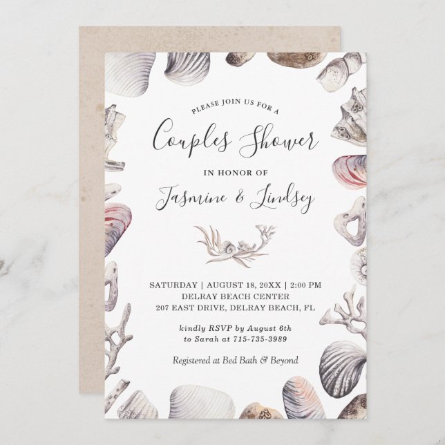 White Sea Shell Beach Wedding Couples Shower Invitation (Front/Back)