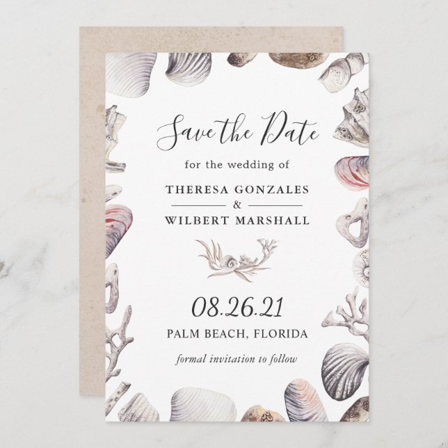 White Sea Shell Beach Wedding Save the Date Card (Front/Back)