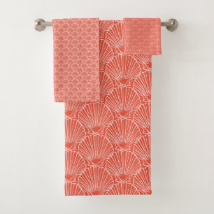 White Sea Shell Pattern Over Orange  Beach House Bath Towel Set