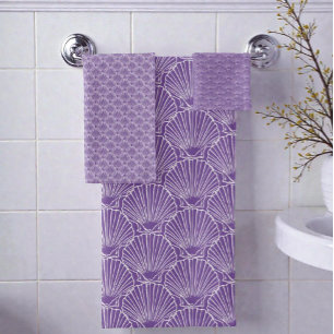 White Sea Shell Pattern Over Purple  Beach House Bath Towel Set