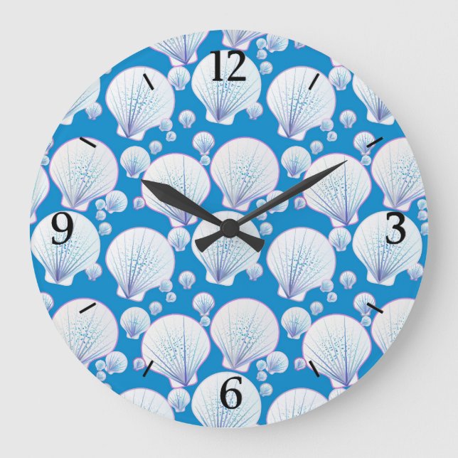 White sea shells on an ocean blue background large clock (Front)