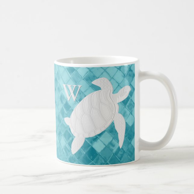 White Sea Turtle Aqua Sea Glass Monogram Coffee Mug (Right)