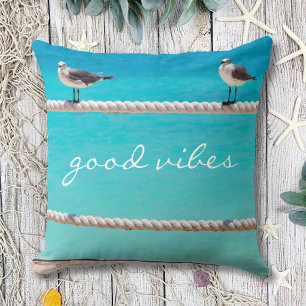 White Seagull Beach Birds Photo Good Vibes Quote Cushion