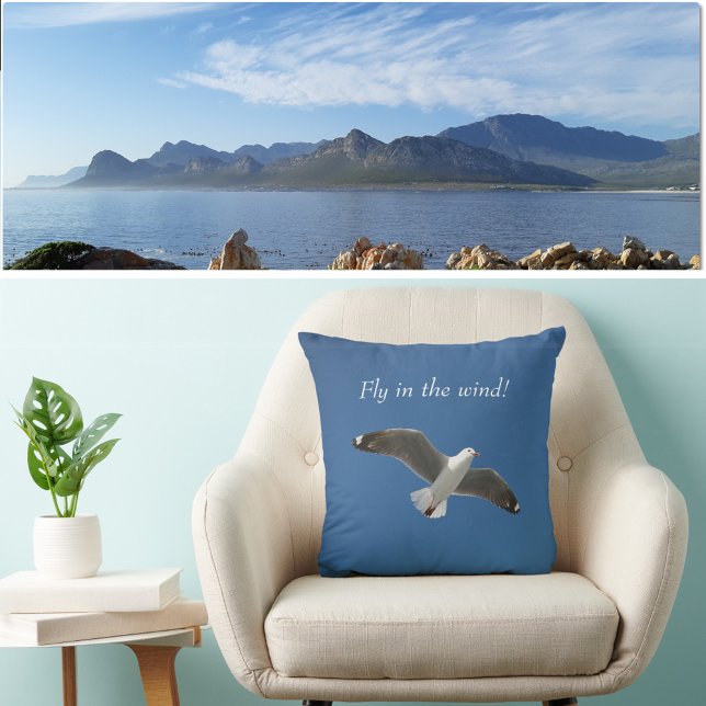 White Seagull Flying Deep Blue Sky Inspirational Cushion (Chair with Background)