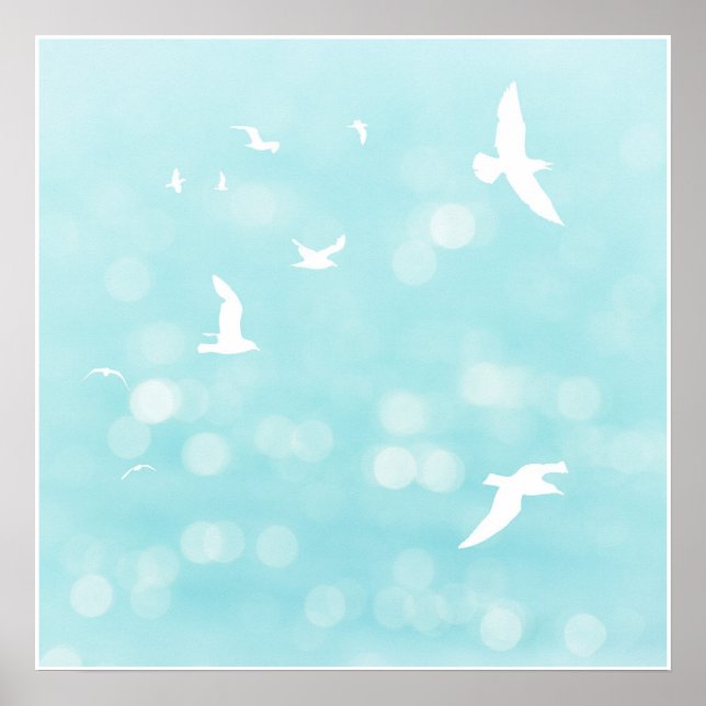 White Seagulls and Blue Bokeh Semi Abstract Beach Poster (Front)