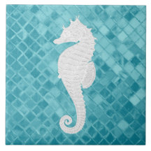 White Seahorse Aqua Sea Glass Pattern