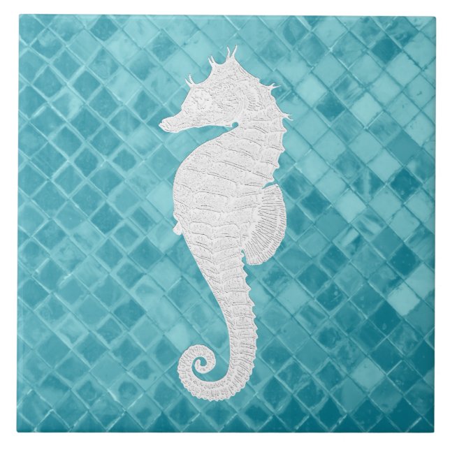 White Seahorse Aqua Sea Glass Pattern Ceramic Tile (Front)