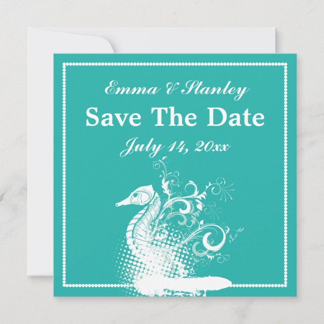 White seahorse blue green summer wedding save the date (Front)