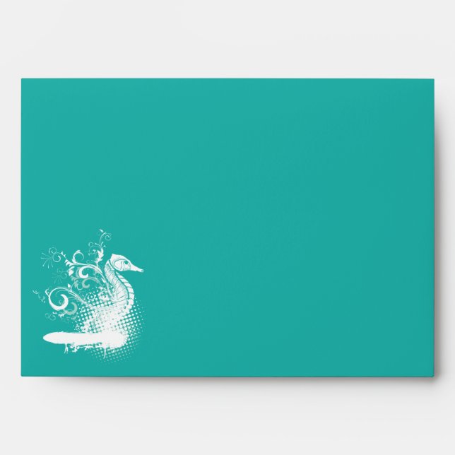 White seahorse light sea green summer wedding envelopes (Front)