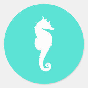 White Seahorse on Turquoise Classic Round Sticker