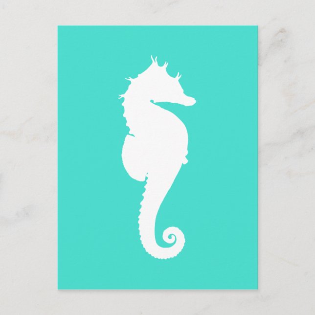 White Seahorse on Turquoise Postcard (Front)