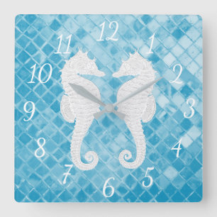 White Seahorses Blue Sea Glass Square Wall Clock