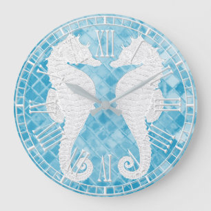 White Seahorses Blue Sea Large Clock
