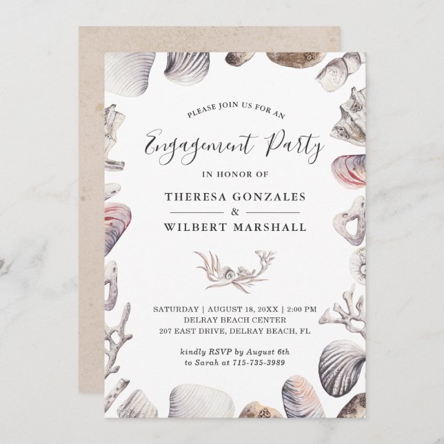 White Seashell and Coral Beach Engagement Party Invitation (Front/Back)