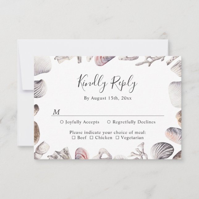 White Seashell Beach Wedding RSVP Card (Front)