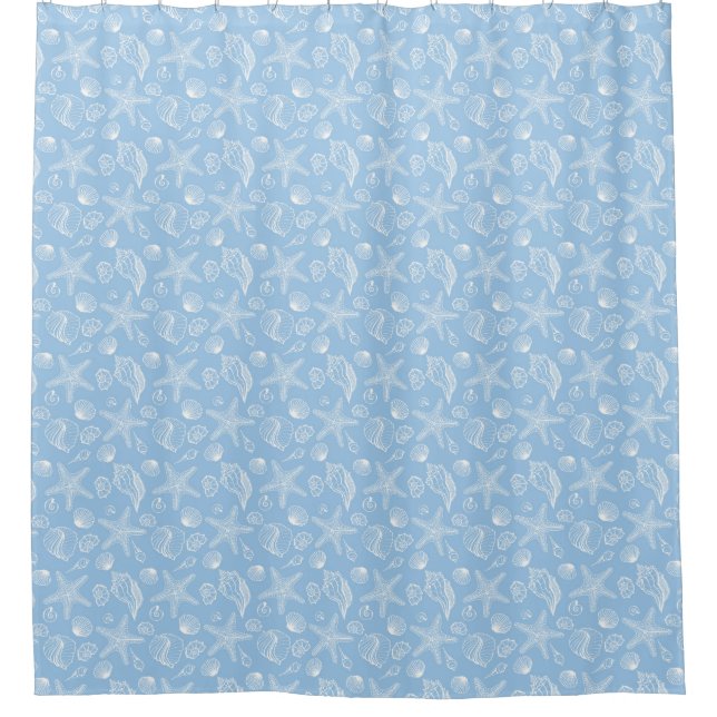 White Seashell Blue Beach Shower Curtain (Front)