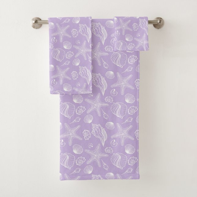 White Seashell Purple Beach Bathroom Towel Set (Insitu)
