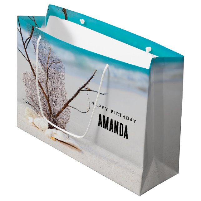 White Seashells on a Tropical Beach Birthday Large Gift Bag (Front Angled)