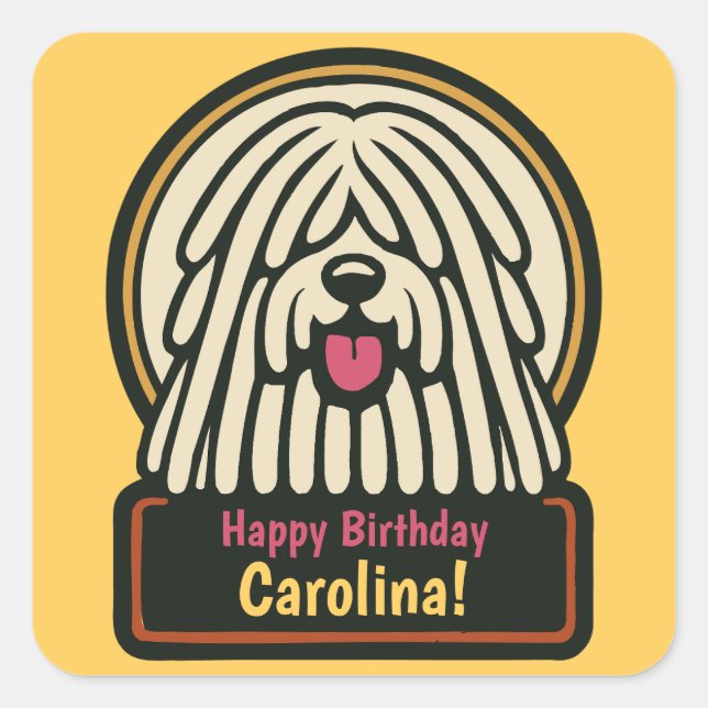 White Shaggy Dog Birthday Party Square Sticker (Front)