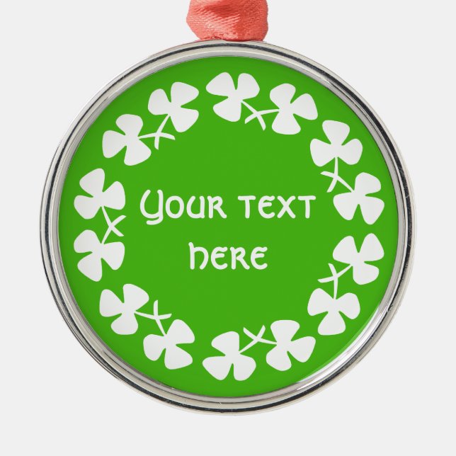 White Shamrocks Border Add Text Metal Ornament (Front)