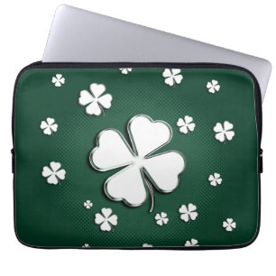 White shamrocks on green background Laptop Sleeve