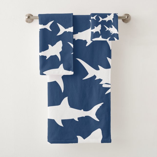 White Shark Silhouettes & Ocean Blue Bath Towel Set (Insitu)