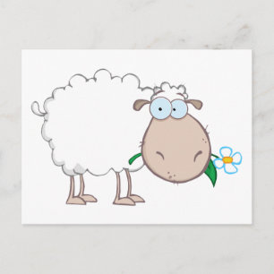 White Sheep Cartoon Character Eating A Flower Postcard