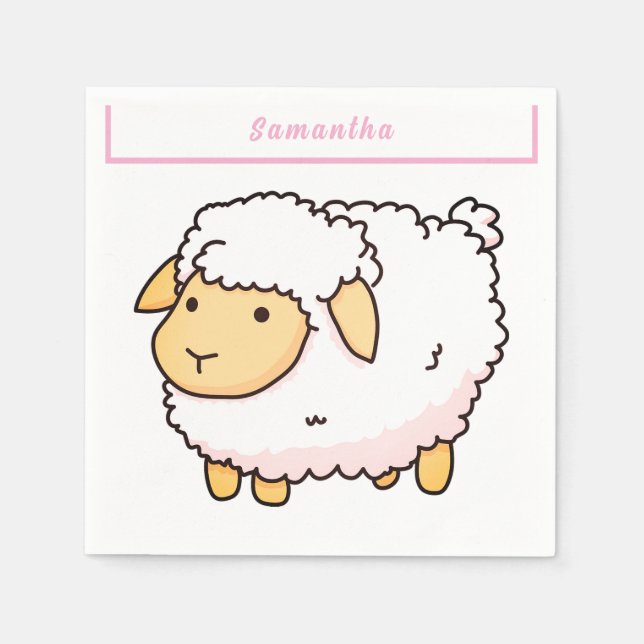 White Sheep Cute Light Personalised Napkin (Front)