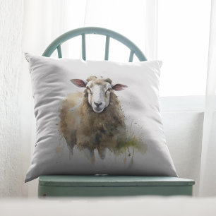 white sheep in a pasture painted in water colour cushion
