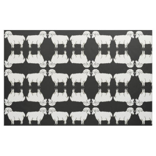 White Sheep on Black Background Fabric