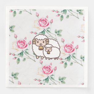White Sheep with Baby Lamb And Rose Flowers Napkin