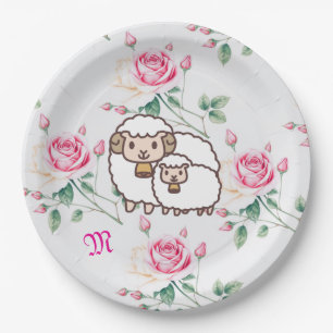 White Sheep with Baby Lamb And Roses Monogram Paper Plate