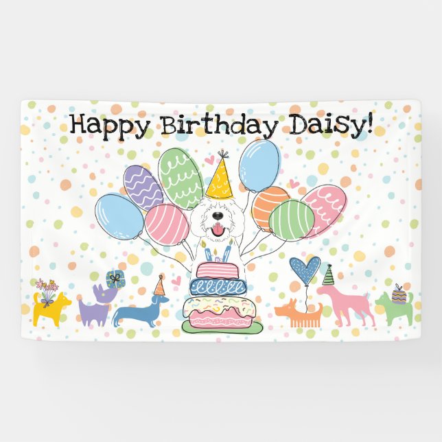 White Sheepadoodle Dog  Birthday Party Banner (Horizontal)