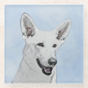White Shepherd Painting - Cute Original Dog Art Glass Coaster