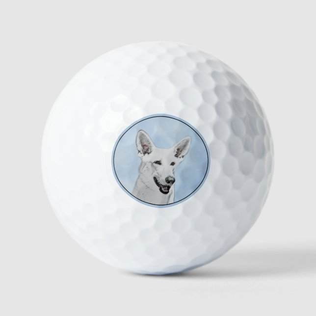 White Shepherd Painting - Cute Original Dog Art Golf Balls (Front)