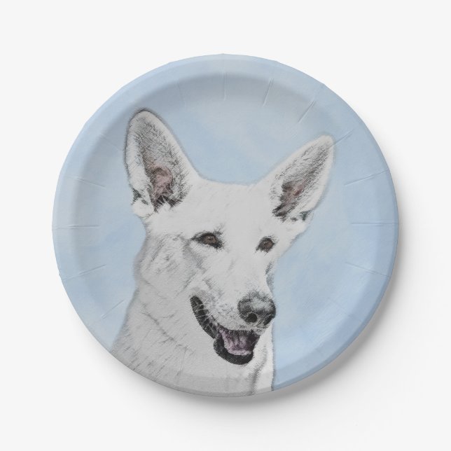 White Shepherd Painting - Cute Original Dog Art Paper Plate (Front)