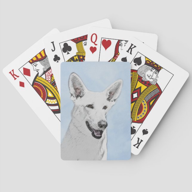 White Shepherd Painting - Cute Original Dog Art Playing Cards (Back)