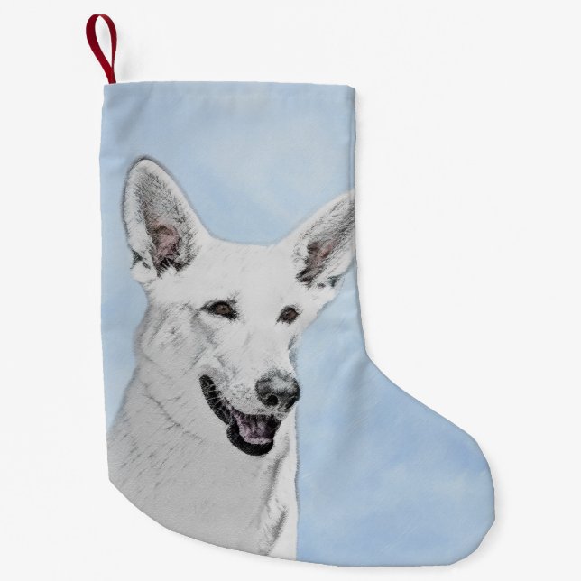 White Shepherd Painting - Cute Original Dog Art Small Christmas Stocking (Front)
