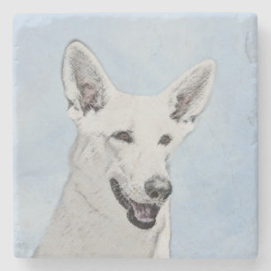 White Shepherd Painting - Cute Original Dog Art Stone Coaster
