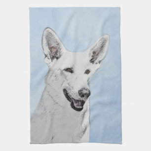 White Shepherd Painting - Cute Original Dog Art Tea Towel