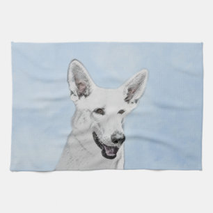 White Shepherd Painting - Cute Original Dog Art Tea Towel
