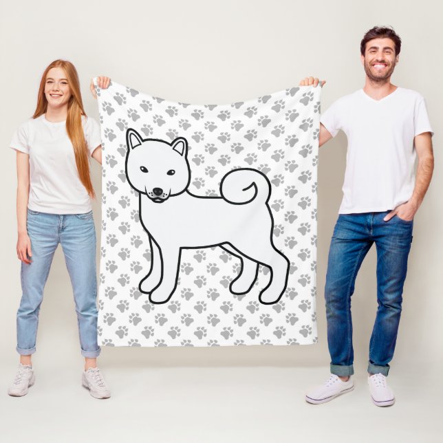 White Shiba Inu Cute Cartoon Dog And Paws Fleece Blanket (In Situ)