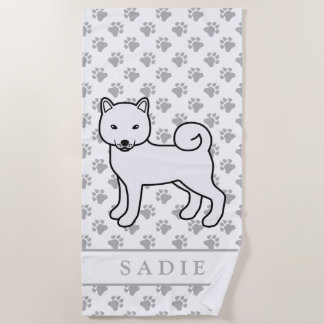 White Shiba Inu Cute Cartoon Dog & Name Beach Towel