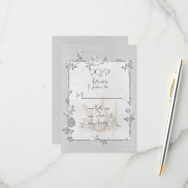 White Shiny Elegant Sparkly Frame  RSVP Card (Front/Back In Situ)