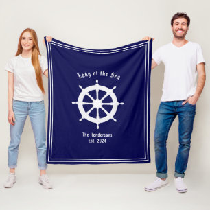 White ship steering wheel Boatlife Navy Blue White Fleece Blanket