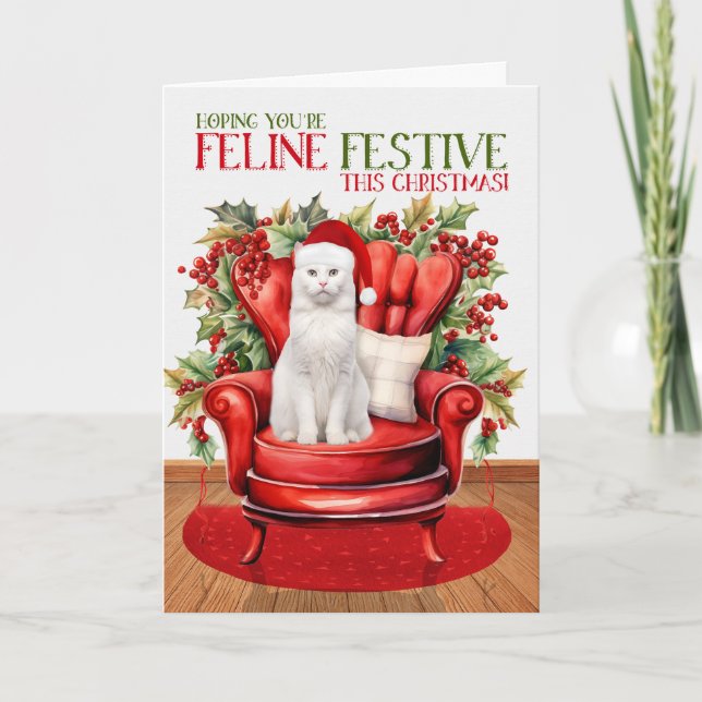 White Shorthair Christmas Cat FELINE Festive Holiday Card (Front)