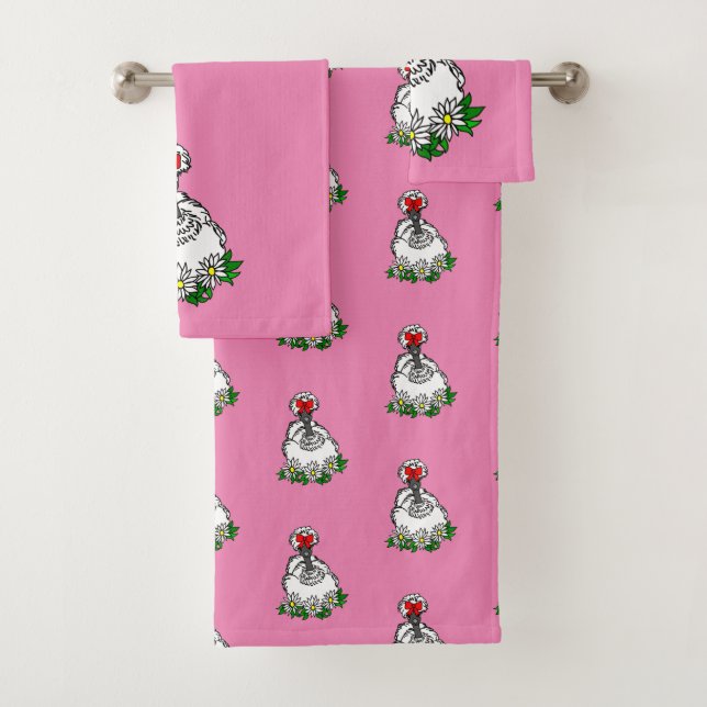 White Showgirl Silkie chicken Hen Bath Towel Set (Insitu)