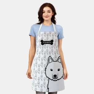 White Siberian Husky Cute Cartoon Dog & Name Apron